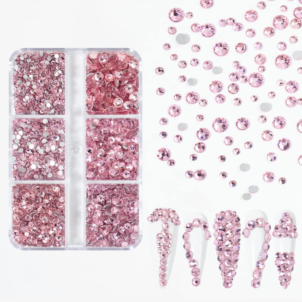 6Grids 3000Pcs Clear Flatback Rhinestones, Light Pink Nail Gems Crystals Jewels, Craft Glass Diamonds Stones Bling Rhinestone with Tweezers and Picking Pen For Nail Face Makeup(1.8mm~4mm Crystal)