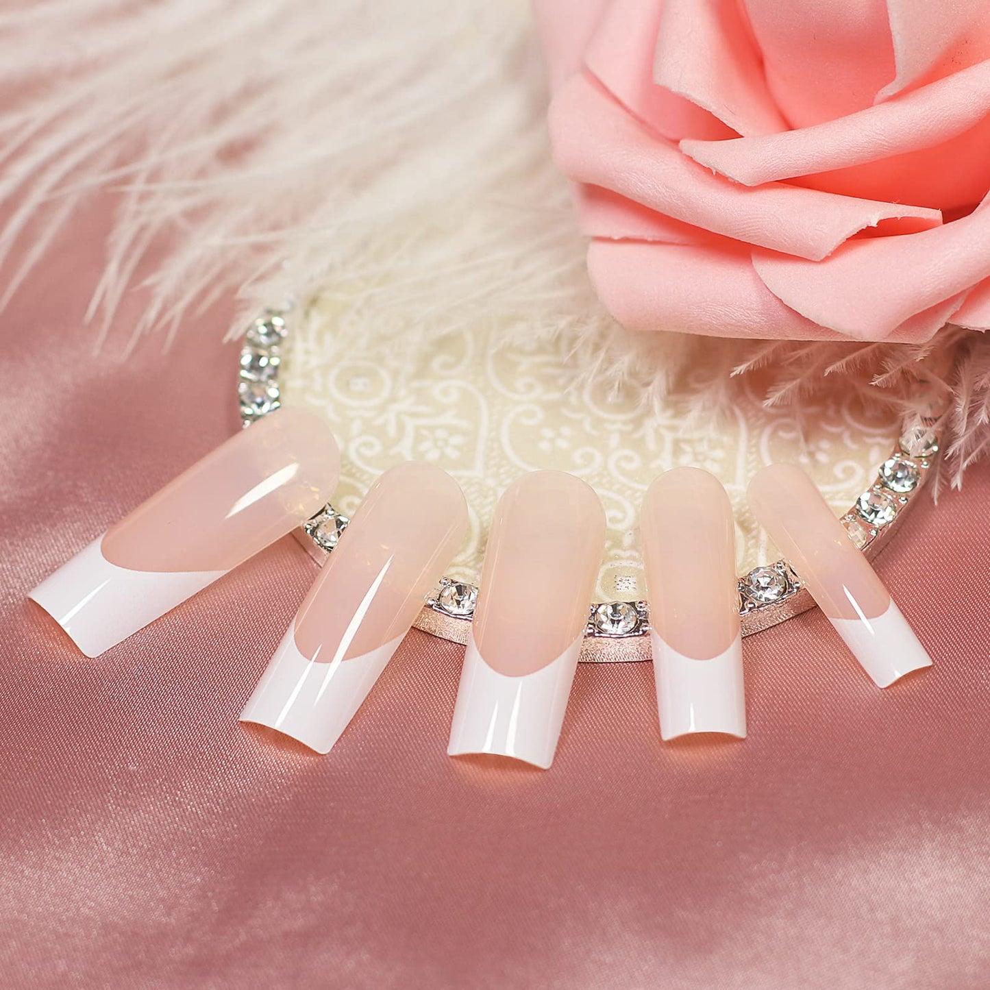 Extra Super Long Nail Tips Natural Nude White French Press on False Nails Straight Tapered Square Flat Top Full Cover Salons Fake Nails for Daily Finger Wear