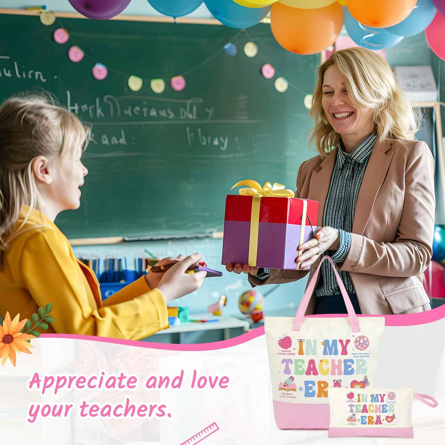 Aileam 2 Pcs Teacher Appreciation Gift Set Canvas Tote Bag Makeup Bag Thank You Teacher Gift Graduation Christmas Reusable Beach Shopping Pink