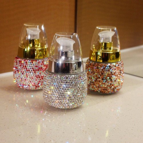 Rhinestone Travel Portable 30ml Lotion Dispensing Empty Bottle - Luxury Bling Glass Cosmetic Empty Container - Press Pump Design for Easy Dispensing - Ideal for Beauty On-The-Go (Silver)