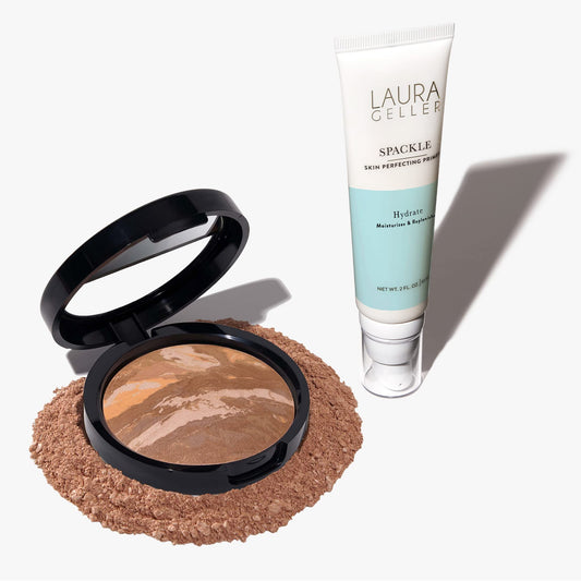 LAURA GELLER NEW YORK Balance-n-Brighten Powder Foundation, Tan + Spackle Super-Size Makeup Primer with Hyaluronic Acid, Hydrate