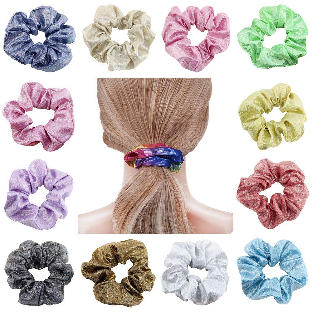 Otyou 6 Pack Glitter Rich Tones Cheer Hair Scrunchies Metallic Scrunchy Bobbles Elastic Hair Bands Ties Christmas Hair Accessories Fashion Wrist Band for Women Girls Dance Recital,Birthday Shirt,Themed Party Festivals Pony Tails and Buns (Blue)