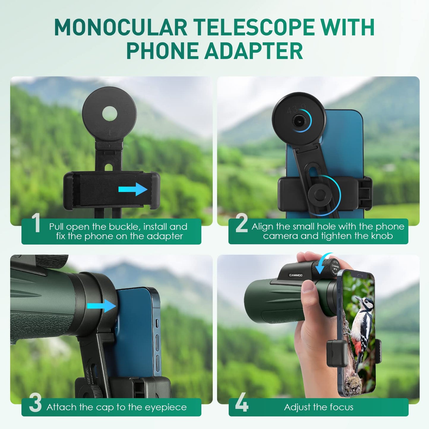 12x50 Monocular Telescope for Adults High Powered, Low Light Larger Vision BAK4 Prism & SMC Lens, Frog & Waterproof Hiking Hunting Gear Gifts for Men, Green