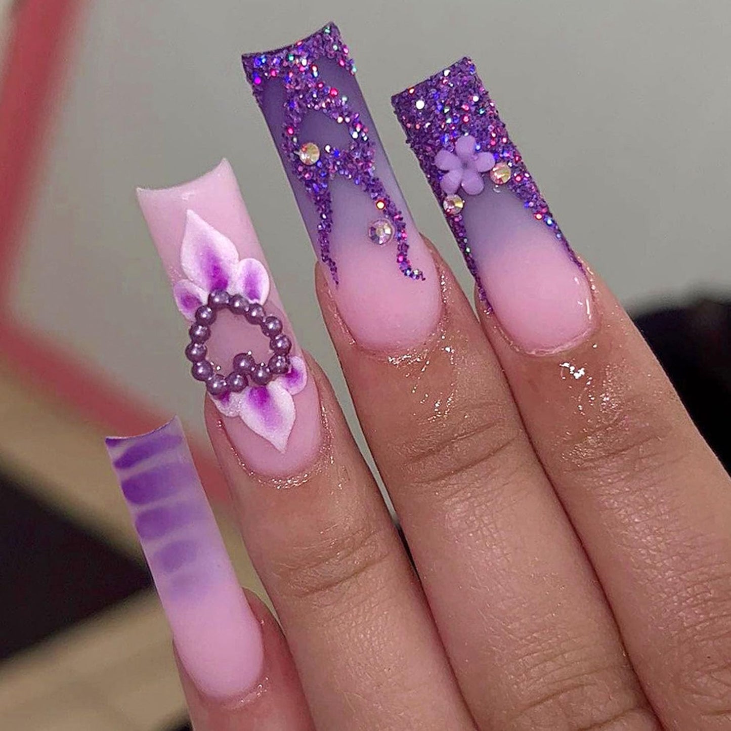 Purple Press on Nails Long Coffin Glue on Nails Ombre Square Fake Nails French Glitter Full Cover Acrylic Nails 3D Heart & Flower Artificial False Nails Extra Long Stick on Nails for Women 24 Pcs