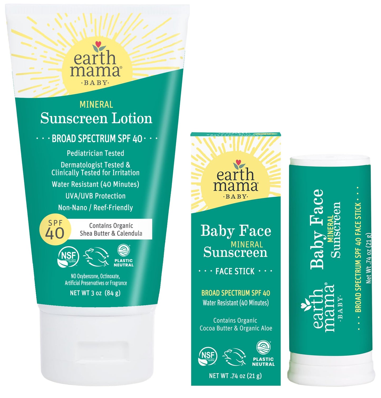 Earth Mama Baby Face Mineral Sunscreen Stick & Lotion Set, SPF 40 | Reef Safe, Non-Nano Zinc, Contains Organic Cocoa Butter, Shea Butter, Aloe & Calendula | Babies, Kids & Family