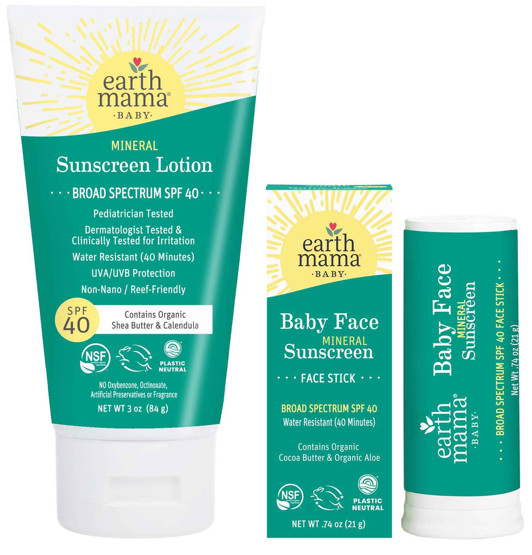Earth Mama Baby Face Mineral Sunscreen Stick & Lotion Set, SPF 40 | Non-Nano Zinc, Contains Organic Cocoa Butter, Shea Butter, Aloe & Calendula | Babies, Kids & Family