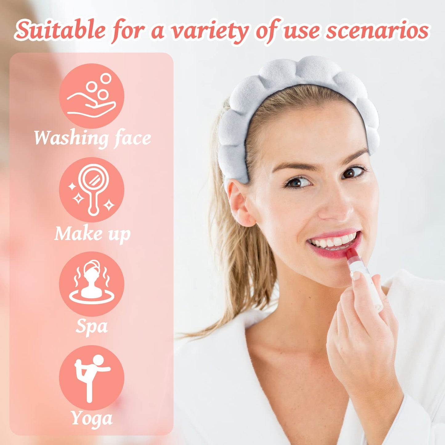 Spa Headband for Washing Face, Sponge Skincare Headband and Wrist Washband Set White Makeup Headband for Skincare, Shower for Women