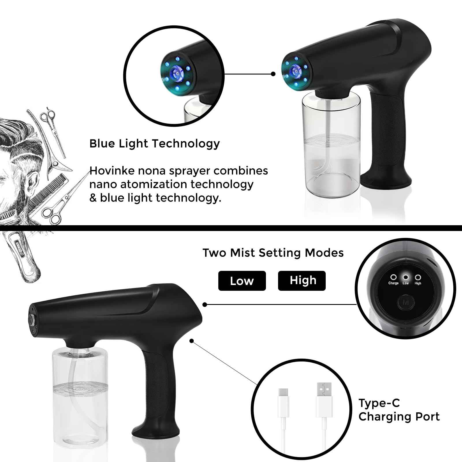 Hovinke Barber Spray Bottle with Blue Light, Rechargeable Electrostatic Atomizer Sprayer, Nano Mist Sprayer for Stylist,Barber and Home Use