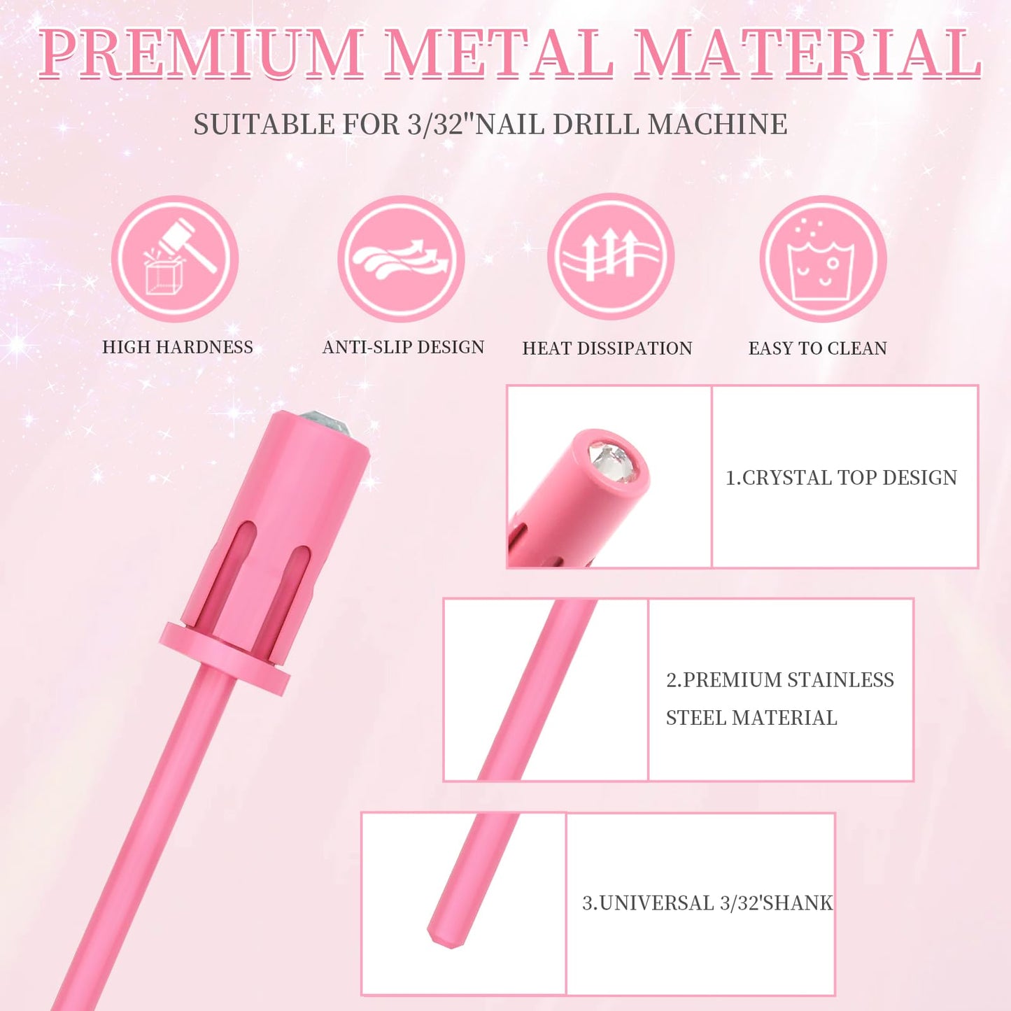 BQAN 2Pcs Nail Drill Mandrel Bit - Crystal Top Easy Off Nail Drill Bits for Sanding Bands, Suitable for Acrylic Nails, Gel Manicures and Pedicures (Pink)