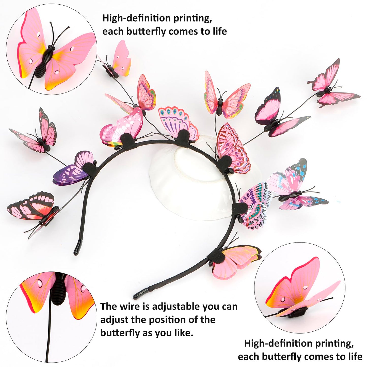 COCIDE Butterfly Headpieces: Hair Clips, Headbands, Flower Crown, Fascinator, and Antenna Hair Band for Women, Girls, and Halloween Cosplay (Pink)