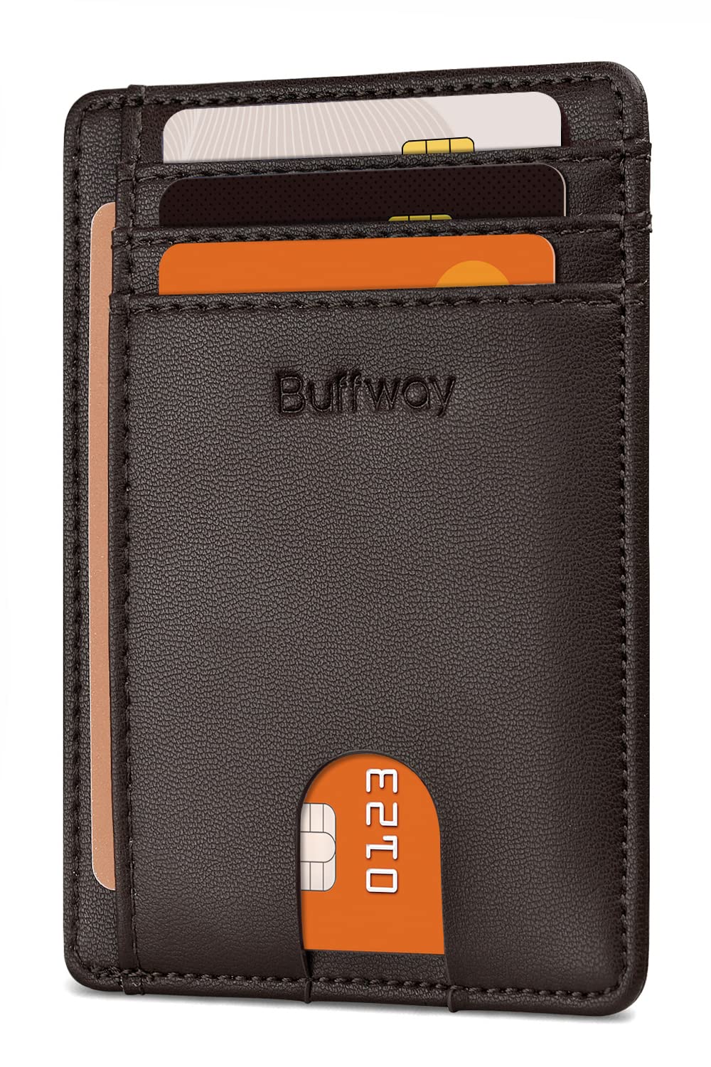 Buffway Slim Minimalist Front Pocket RFID Blocking Leather Wallets for Men and Women - Sand Chocolate