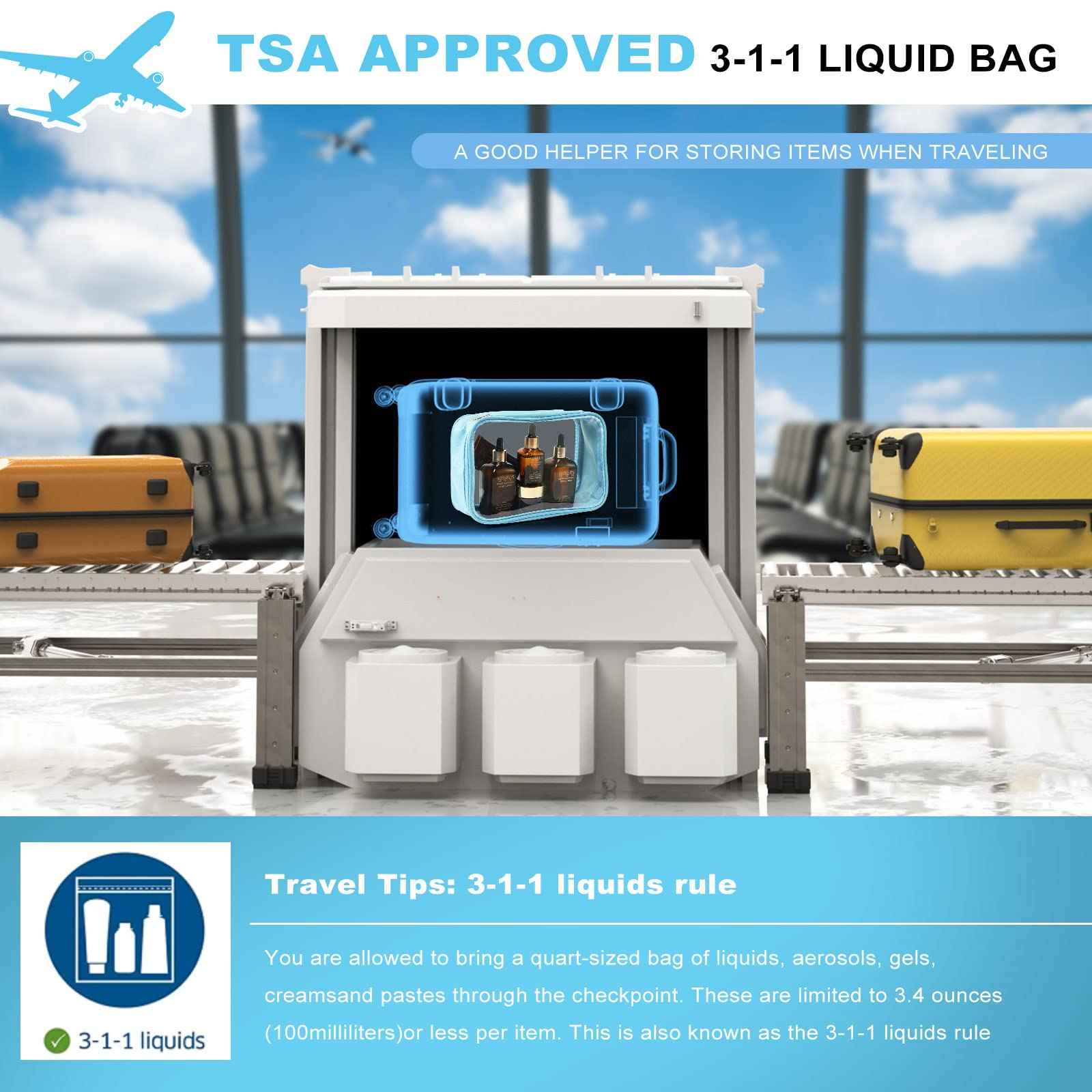 DARIN Clear Toiletry Bag 3Pack TPU Makeup Cosmetic Bag TSA Approved Toiletry Bag, Waterproof Travel Liquid Bag for Air Flight, Clear Travel Carry On Pouch for Women and Men (1L+1M+1S,Clear Blue)