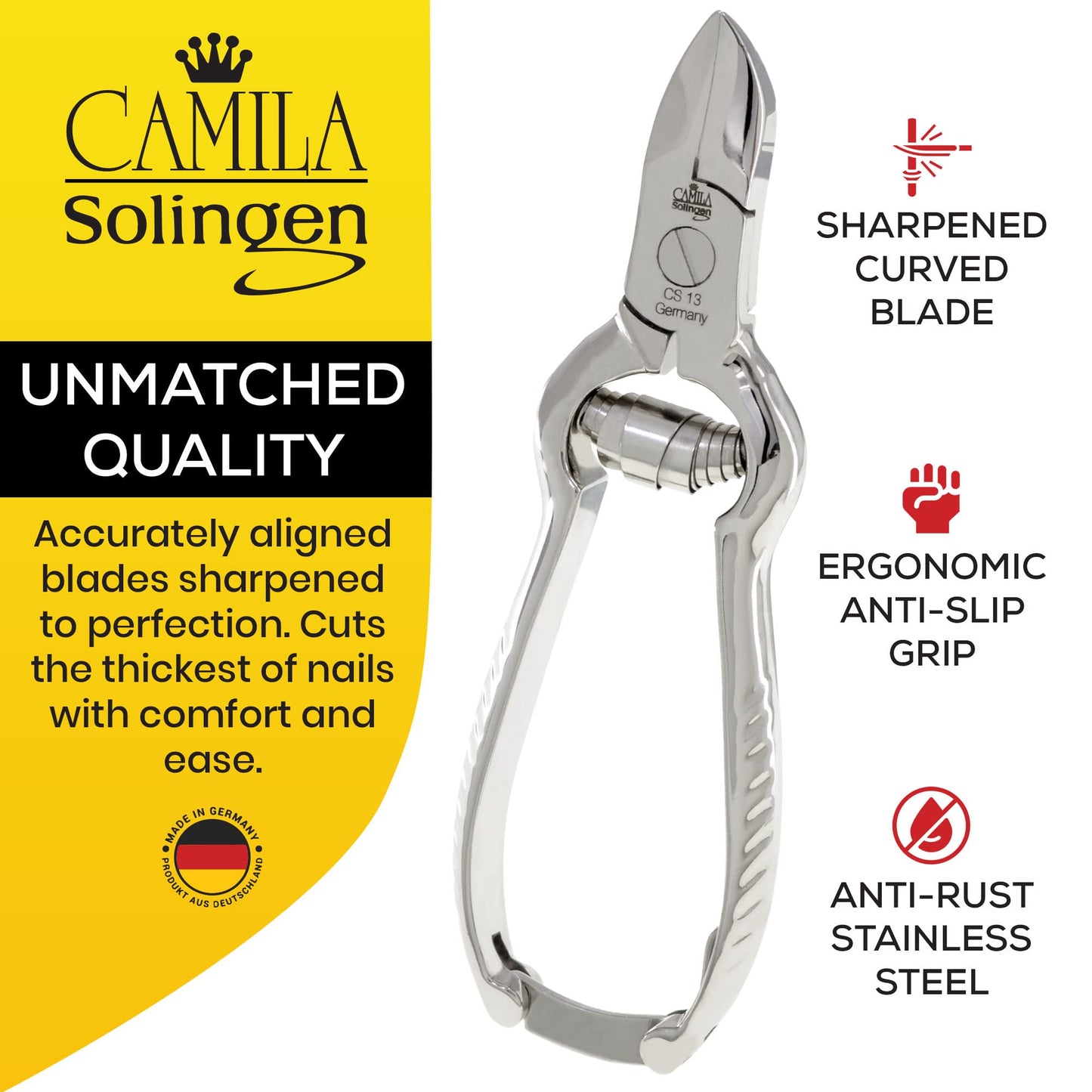 Camila Solingen CS13 Large Heavy Duty Toe Nail Clipper for Thick Toenails, Manicure & Pedicure, Double Barrel Spring. Super Sharp Trimmer Curved Stainless Steel 20mm Blade Made in Solingen, Germany