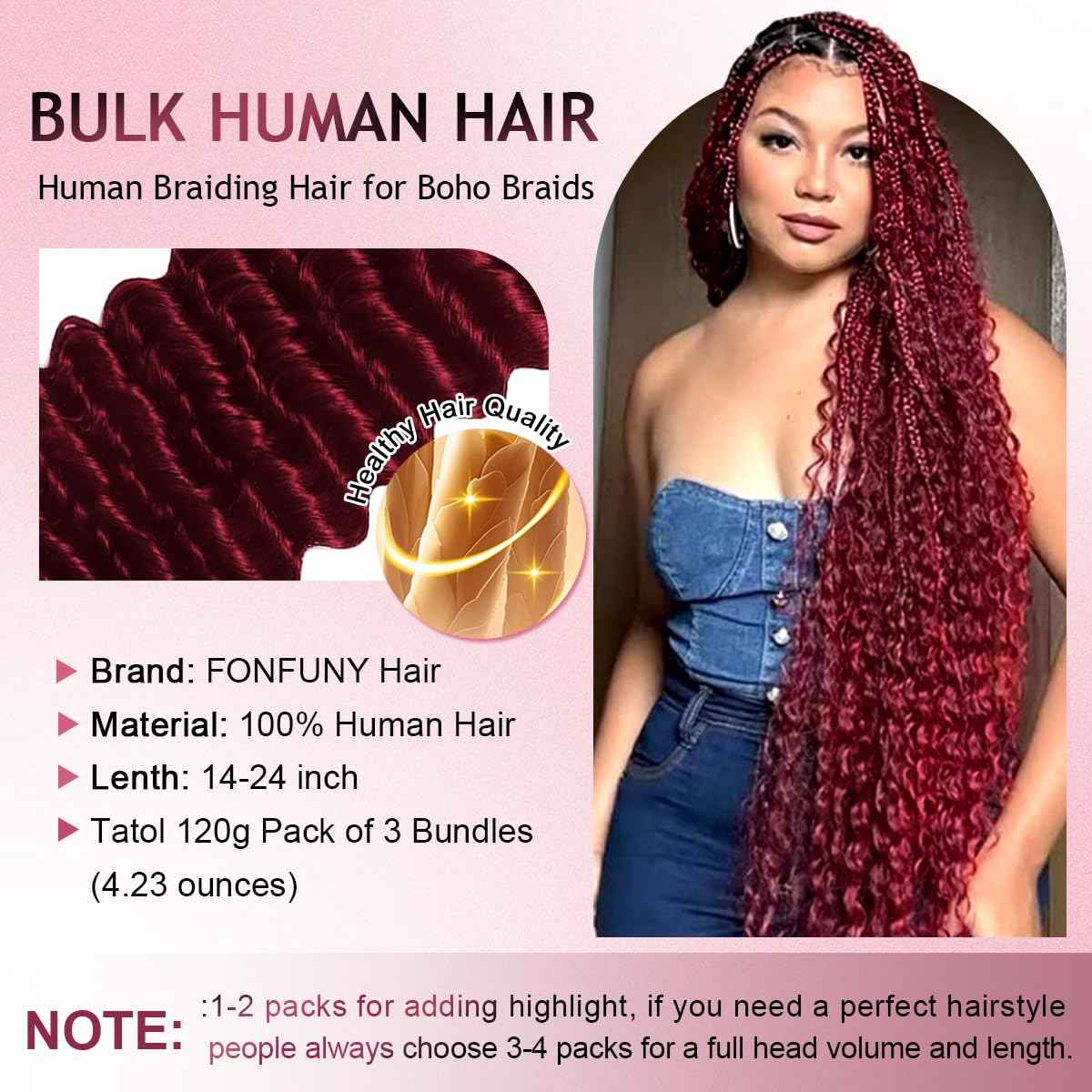 FONFUNY Human Braiding Hair for Boho Braids 120g Deep Wave Boho Bulk Human Hair for Braiding Knotless 12A Curly Wet and Wavy Bohemian Braids No Weft 3 Bundles/Pack Burgundy 14 Inch