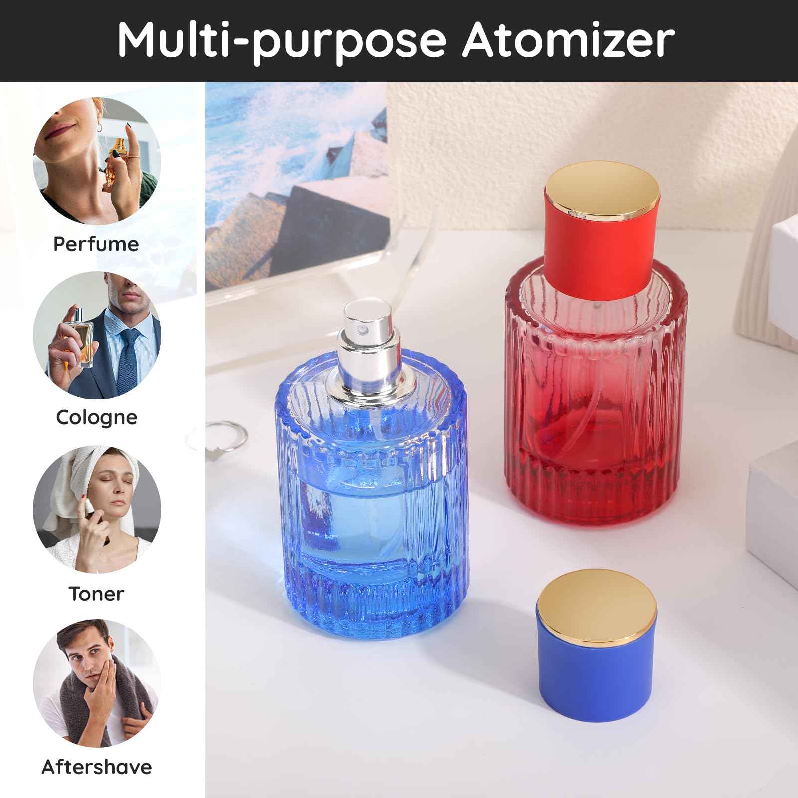 Segbeauty 1.7oz Glass Perfume Refill Bottle Travel Atomizer, 4pcs Refillable Cologne Travel Bottle, Perfume Spray Bottles Empty, 50ml Mini Cologne Atomizer with Refill Tool Kit Blue Black Red Green