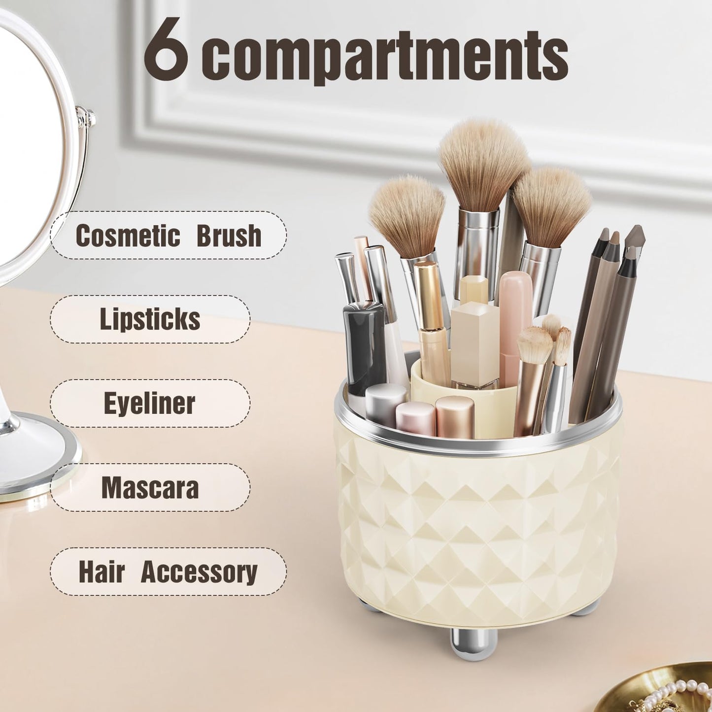 Rosoenvi Makeup Brush Holder Organizer, 360° Rotating Dustproof Makeup Brushes Organizer for Vanity, 6 Compartment Make Up Brushes Cup with Lid for Countertop Organization, Skincare, Beige
