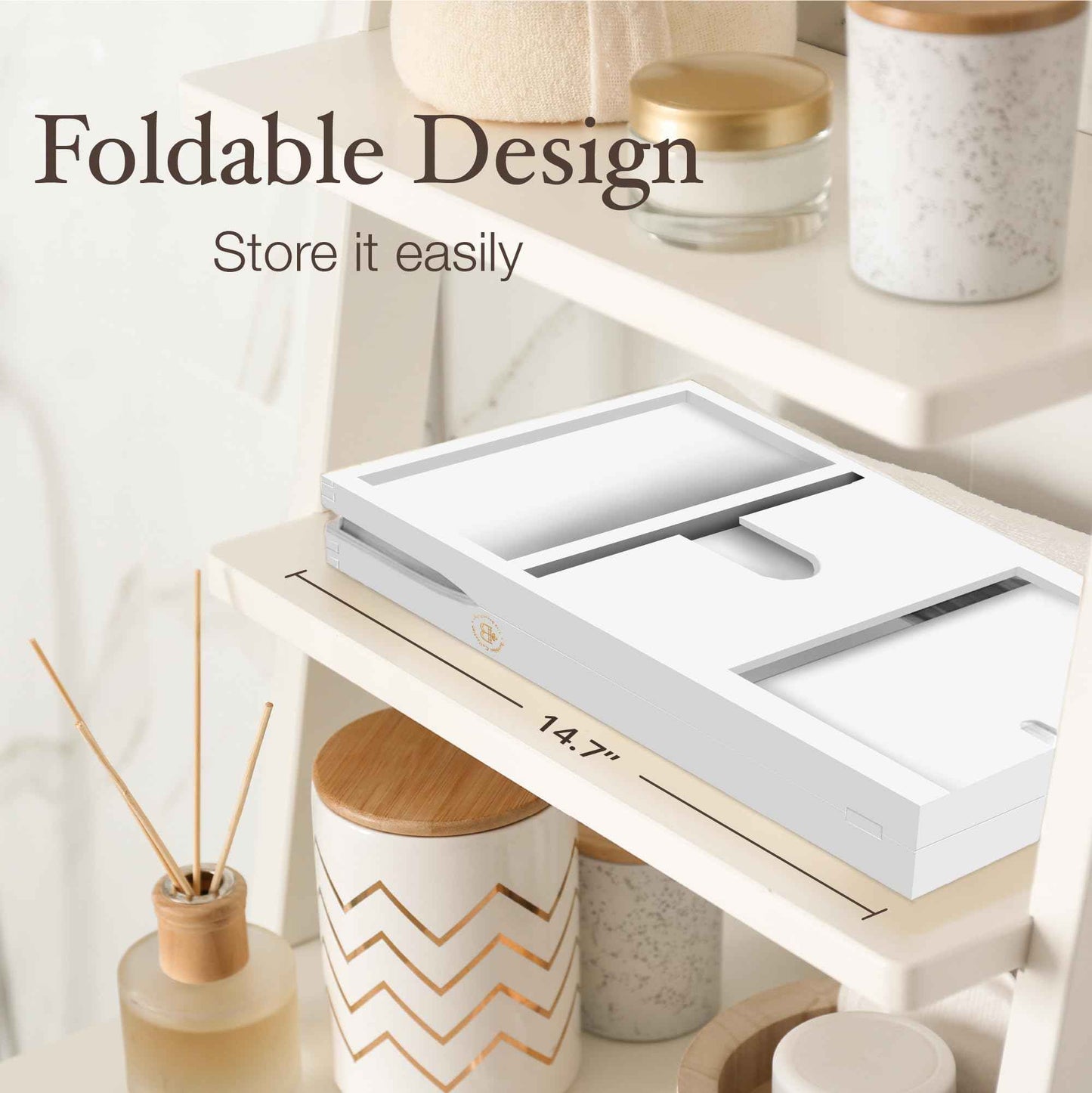 Wooden Bathtub Tray - Foldable & Expandable Bamboo Bath Tray for Tub with Wine Holder, Book & Tablet Stand - Bath Caddy Tray for Bathtub, Spa Bath Accessories, Tub Tray Table, (White)