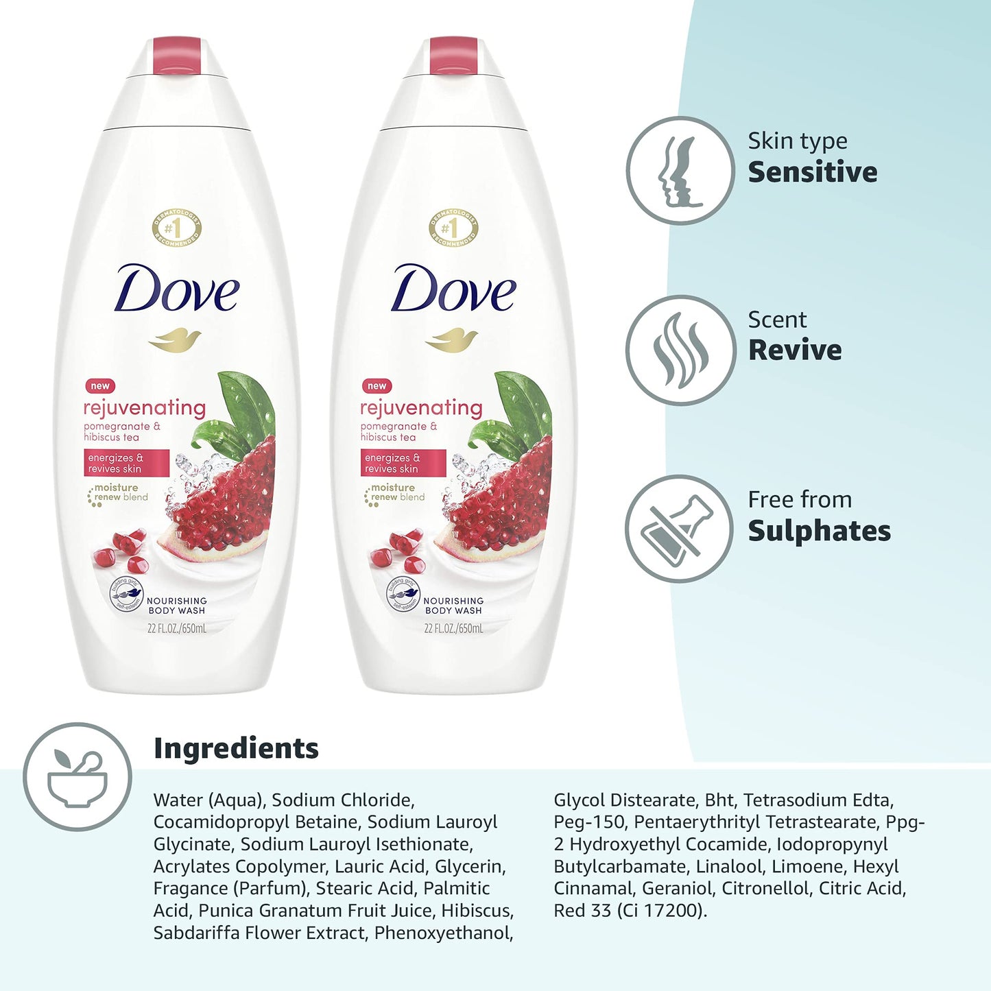 Dove Body Wash for Softer, Smoother Skin After Just One Use Pomegranate and Hibiscus Tea Sulfate-free Bodywash, 20 Fl Oz (Pack of 2)