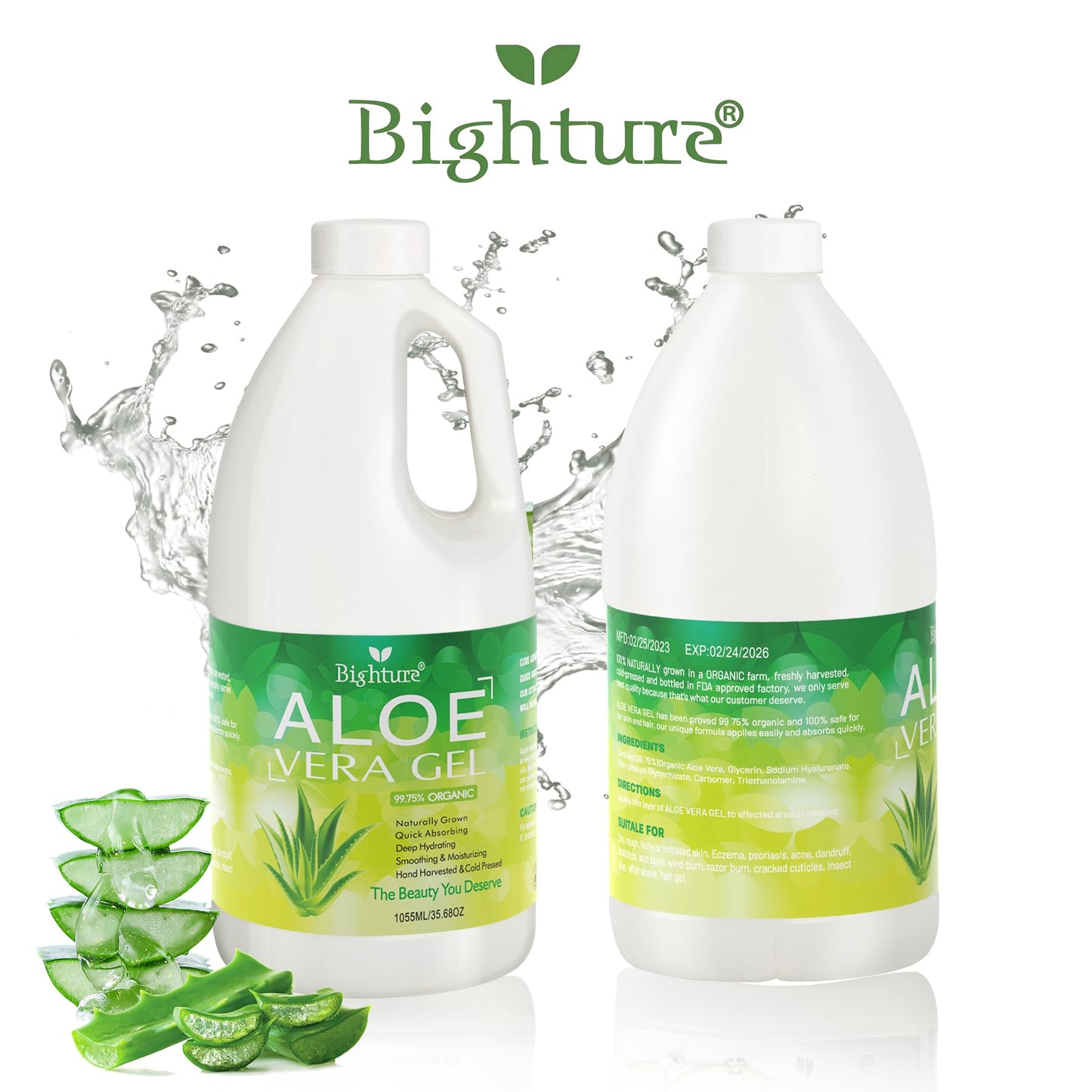 BIGHTURE Aloe Vera Gel, 100% Aloe Vera Extracted from Freshly Cut Pure Aloe Leaves, Pure Aloe Vera Gel for Skin Care like Deeply Soothing, Firming, After Shave, Sunburn Relieve(Family Pack)