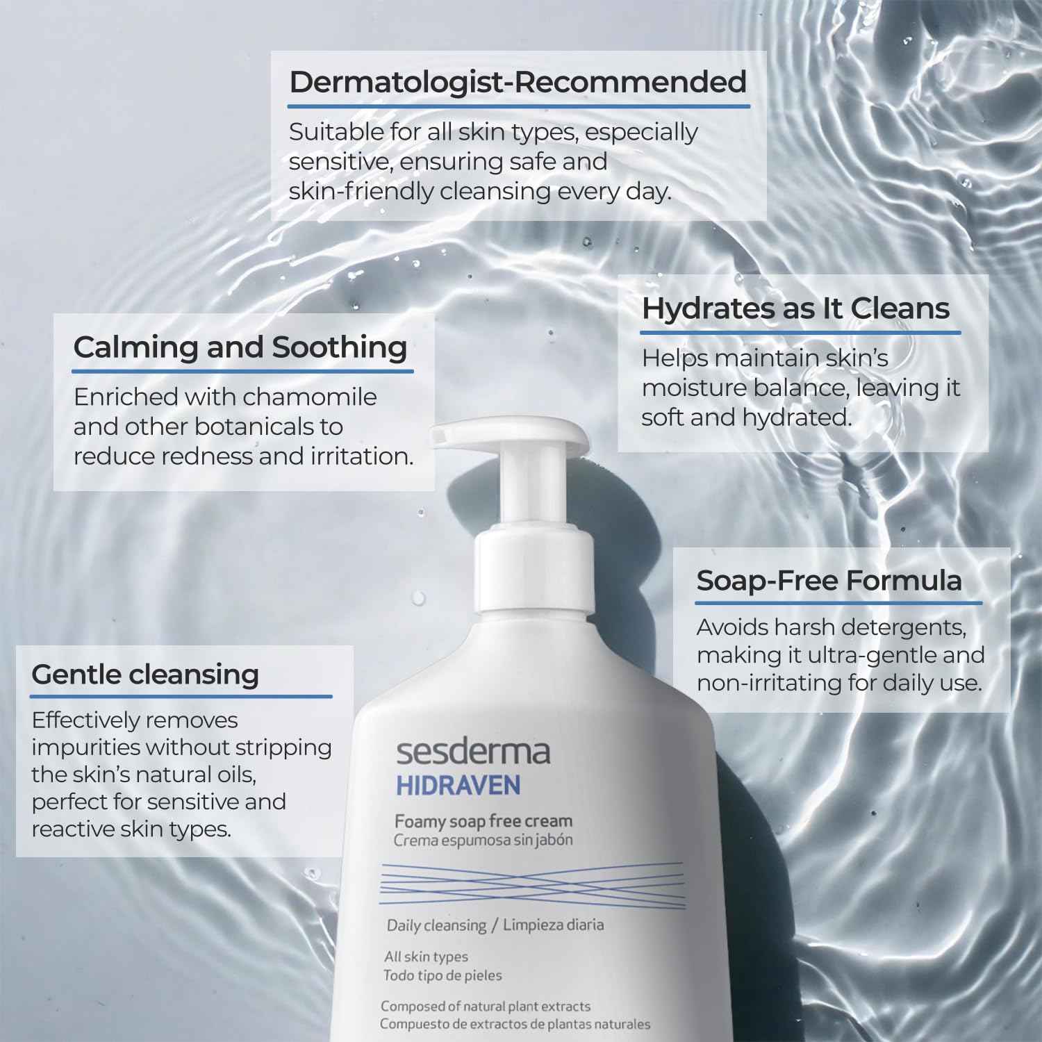 Sesderma HIDRAVEN Foamy Soap-Free Cream, Gentle Cleanser for Delicate Skin with Natural Plant Extracts, 10.2 fl oz