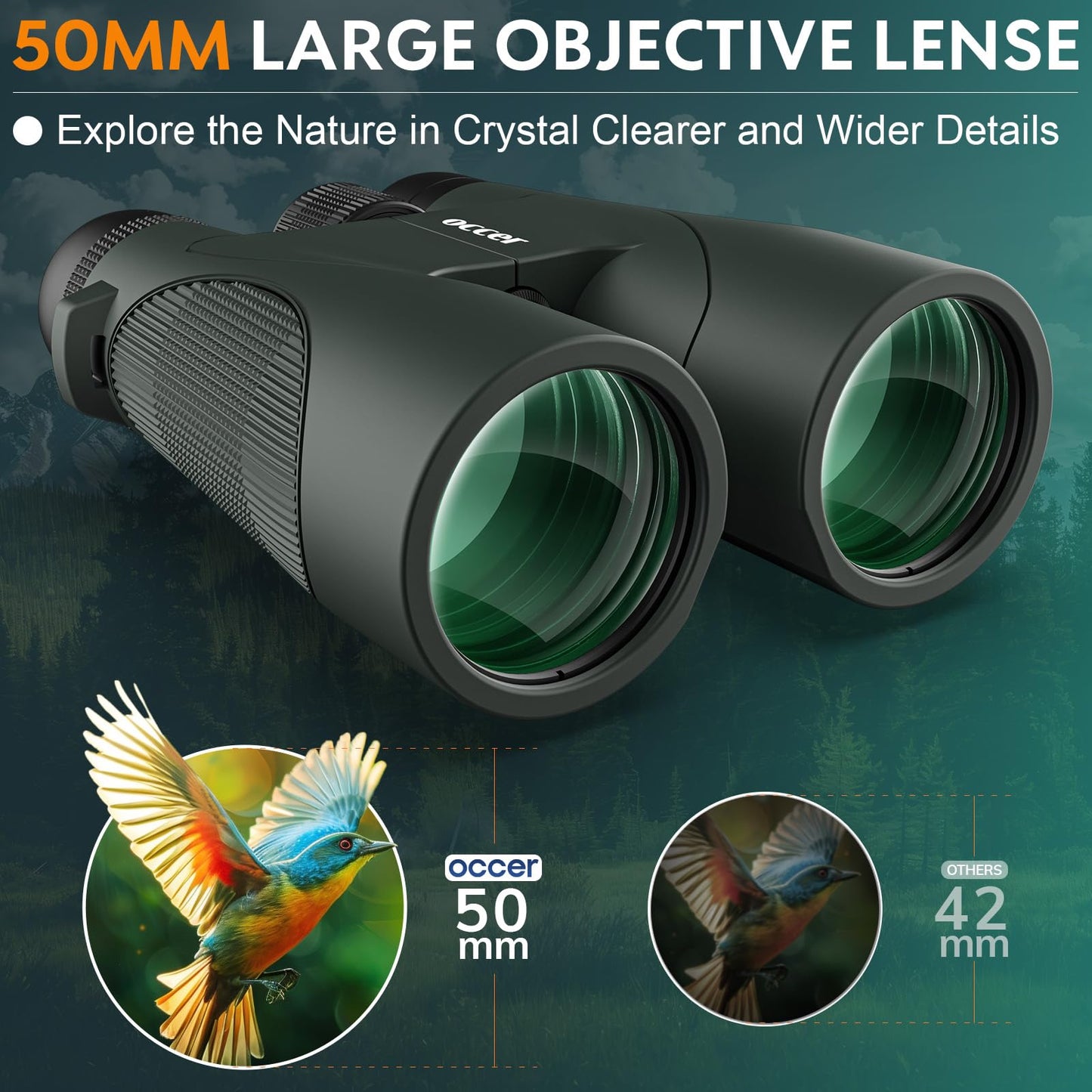 occer 12x50 Bird Watching Binoculars for Adults - High Powered Binoculars with Clear Large Image - Easy Focus HD Binoculars with Long Range for Cruise Trip Hunting Travel Concert Stargazing,Green