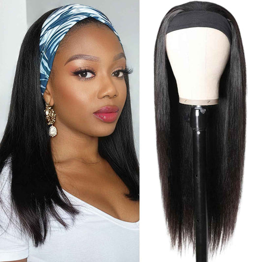 Headband Wig Human Hair Straight Virgin Brazilian Machine Made Wigs None Lace Front Wigs Glueless Human Hair Wig for Black Women 150% Density Natural Color 16 Inch