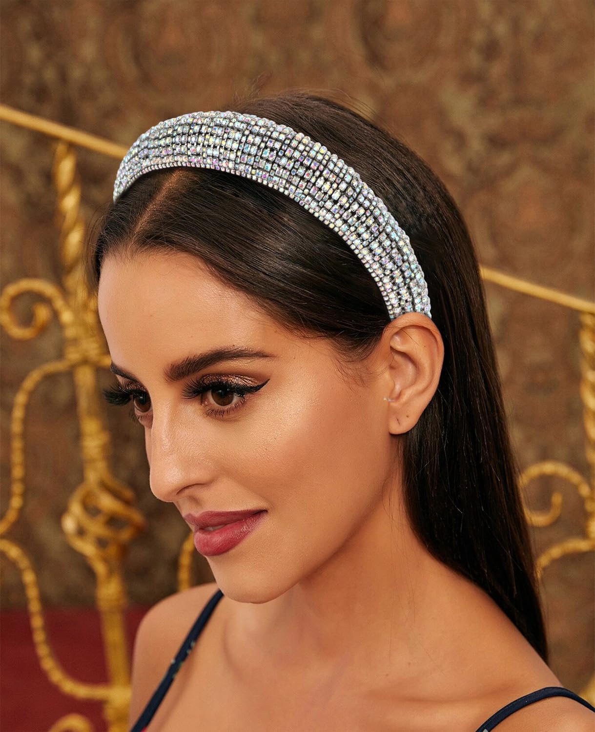 Wecoe Rhinestone Headband Women Girls Thick Padded Headband Bling Glitter Sparkly AB Rhinestone Diamond Disco Headband Fashion Head Band Holiday Formal Hair Accessories For Women Girls Gifts