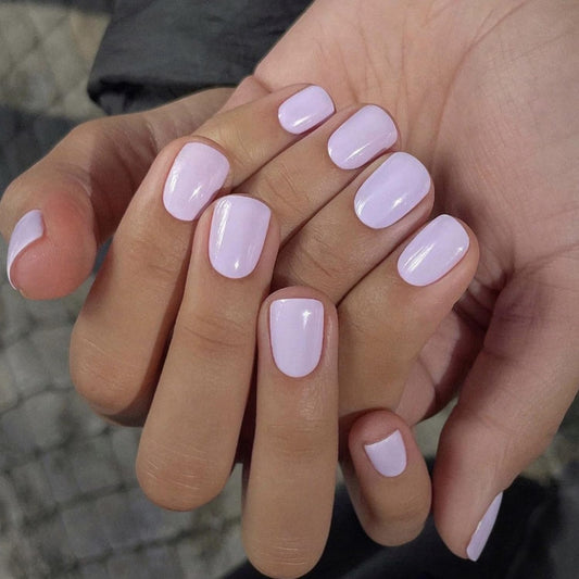 Light Purple Press on Nails Square Fake Nails Short Acrylic Glue on Nails Glossy Nude False Nails Solid Color Full Cover Artificial Stick on Nails for Women 24Pcs