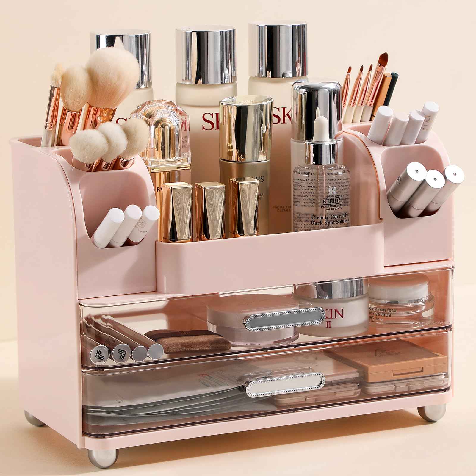 Anyoifax Makeup Organizer Countertop with Large Drawers, Vanity Organizer with Brush Holder, Skin Care Storage for Dresser, Perfume Organizer for Lotion, Lipsitck, Palette, Light Pink