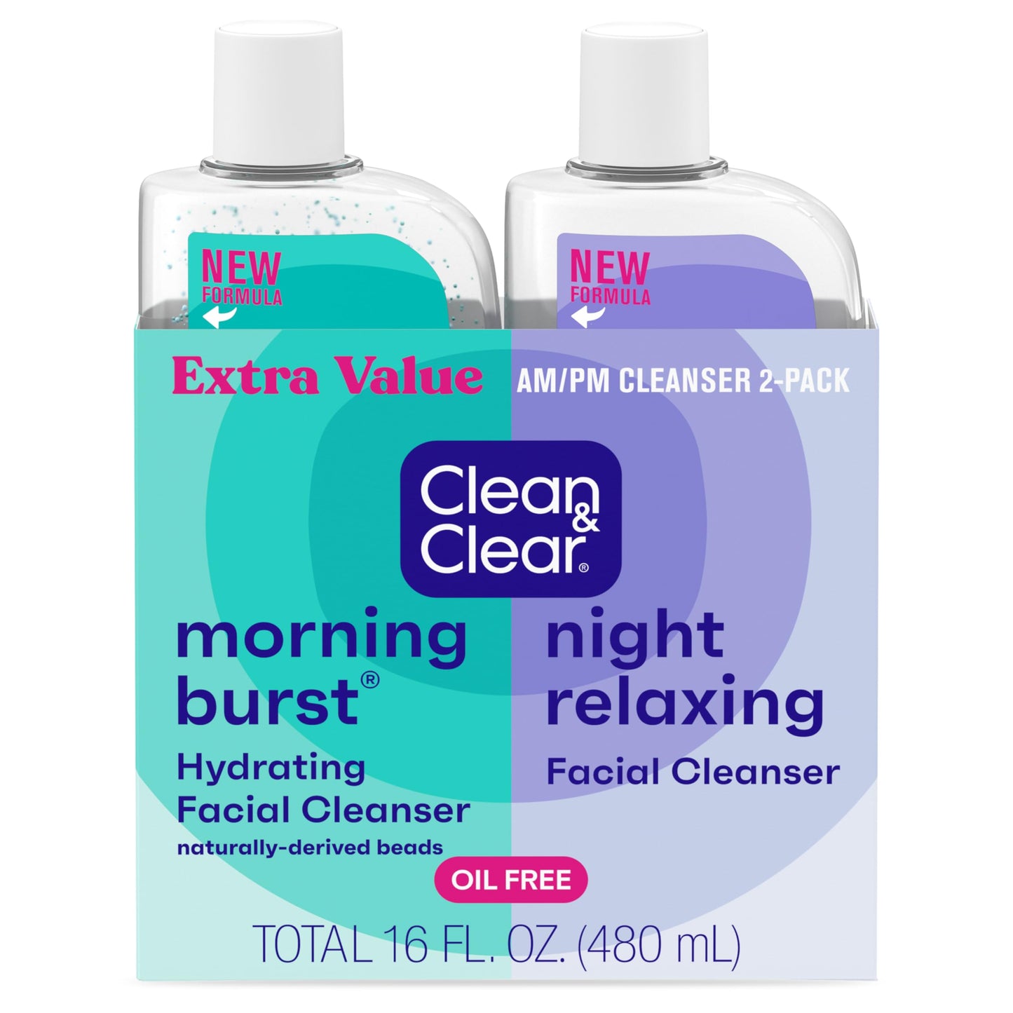 Clean & Clear 2-Pack Day & Night Daily Face Cleansers, Morning Burst Hydrating Facial Cleanser & Night Relaxing Deep Cleansing Face Wash, Oil-Free & Won't Clog Pores, 2 x 8 fl. oz