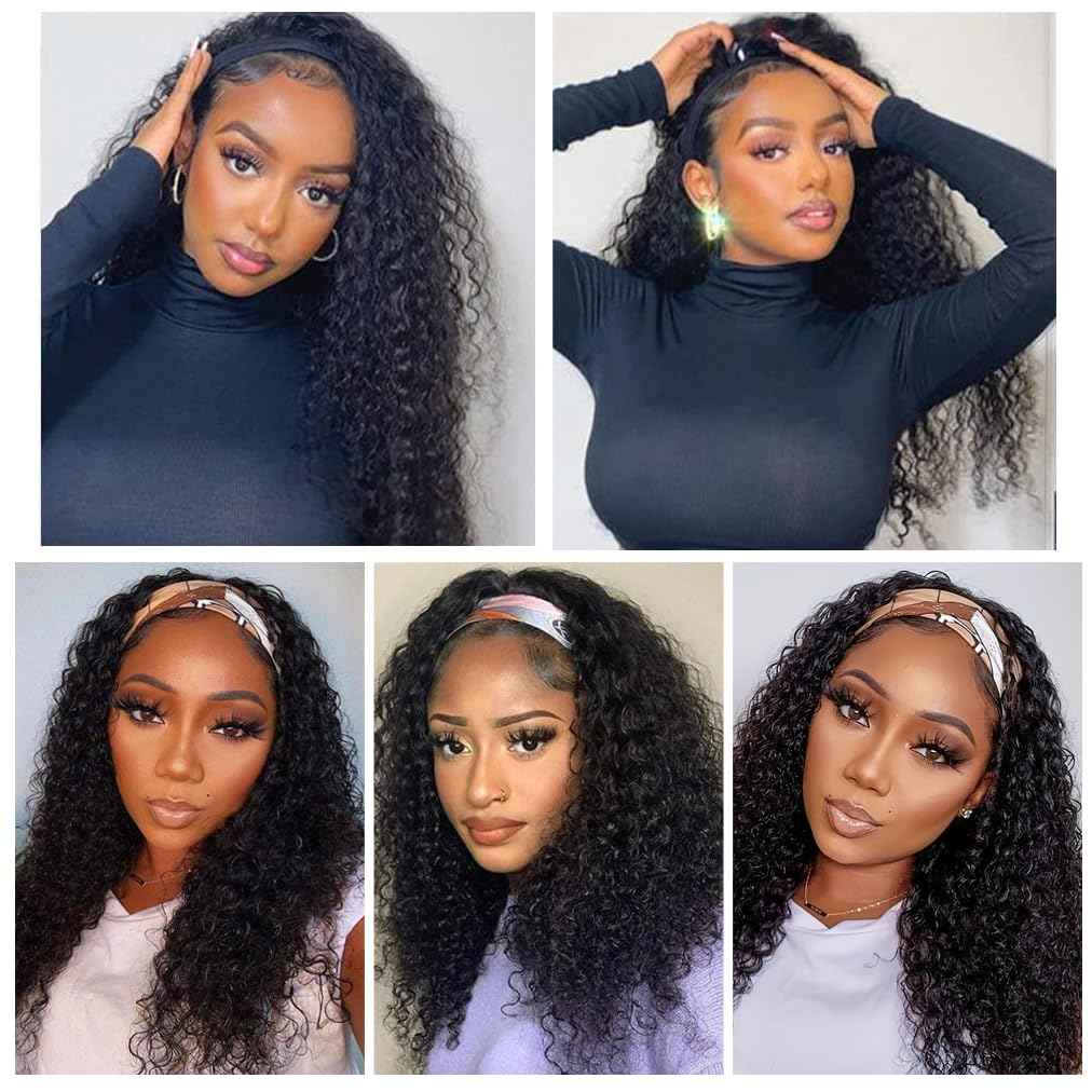 NICMISS Headband Wig Human Hair Deep Wave 16 Inch Curly Headband Wigs for Black Women Human Hair Glueless None Lace Front Wig Brazilian Virgin Hair Wear and Go Wigs 150% Density Natural Black Color