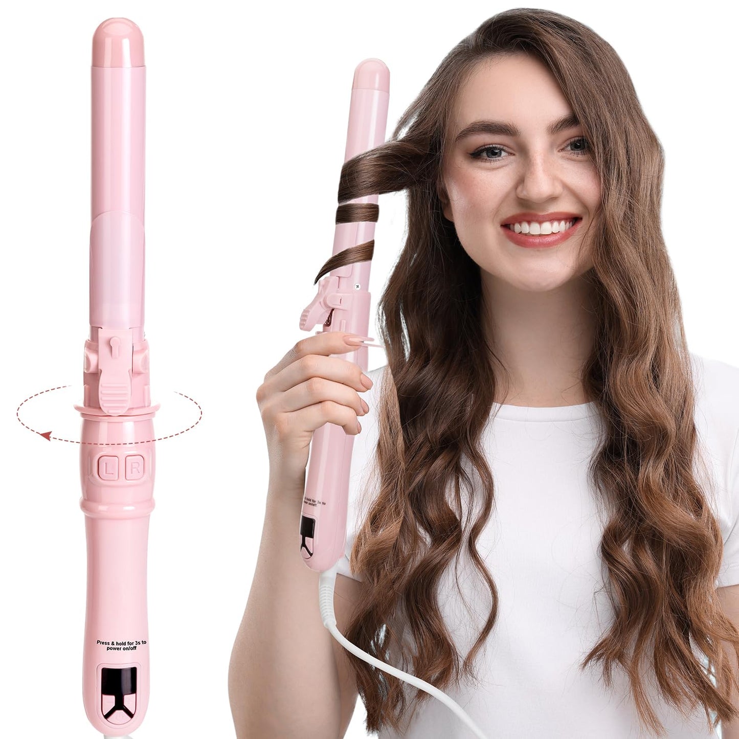 Rotating Curling Iron, 1.1 Inch Professional Hair Curler for Long-Lasting Curls & Beach Waves, Fast-Heating Curling Wand for Long & Short Hair, Perfect Hair Waver Styling Tool, Pink