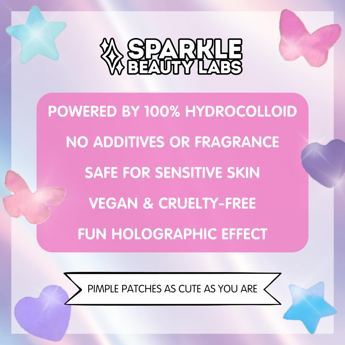 Sparkle Beauty Labs Heal & Conceal Pimple Patch - Cute Holographic Butterfly Shaped Acne Patches, Fun Hydrocolloid Zit Stickers for Face (Iridescent Pink Butterflies, 84 Count)