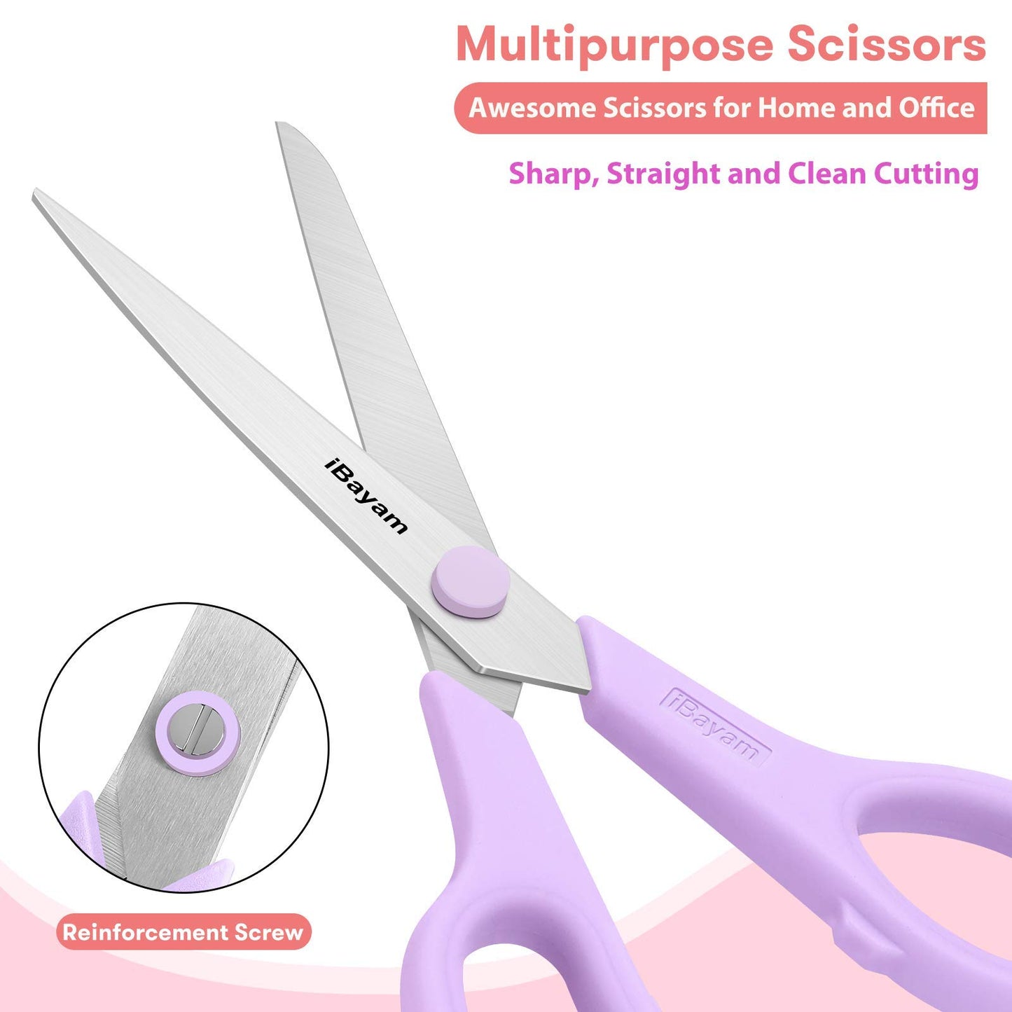 Scissors, iBayam 8" All Purpose Scissors Bulk 3-Pack, Ultra Sharp 2.5mm Thick Blade Shears Comfort-Grip Scissors for Office Desk Accessories Sewing Fabric Home Craft School Supplies, Right/Left Handed