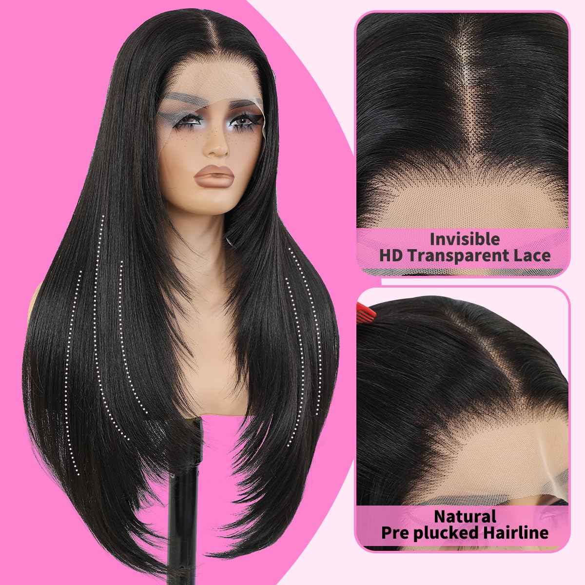 Synthetic Lace Front Wigs Pre Plucked 13x4 HD Lace Black Wigs For Women 26 Inch Long Layered Straight Wigs 100% Futura Premium Fiber Wig With Bangs Ready to Wear Beginner Friendly Daily Use