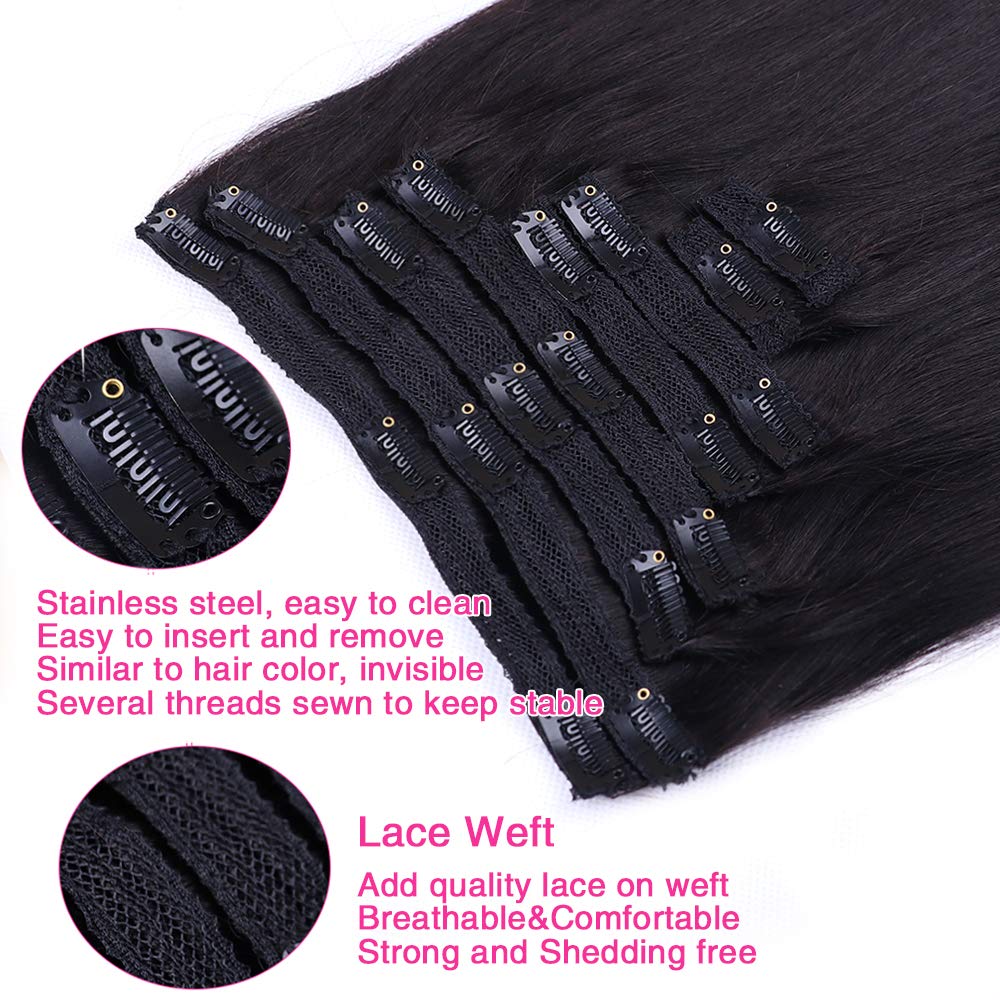 Straight Human Hair Clip in Hair Extensions for Black Women 100% Unprocessed Full Head Brazilian Virgin Hair Natural Black Color,8/Pcs with 18Clips,120 Gram (16inch, Straight hair)