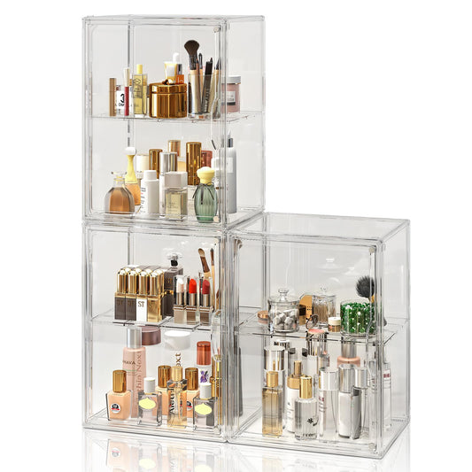 MSHOMELY Makeup Storage Organzier 3 Packs Arcylic Cosmetic Display Case, Perfume Organzier with Division Board, Bathroom Countertop Organzier, Clear Make up Organzier for Vanity