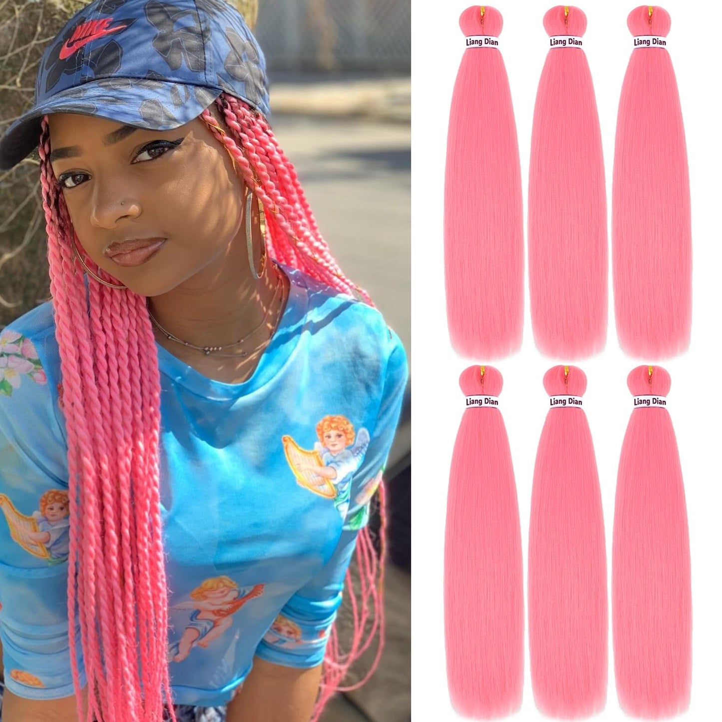 Liang Dian Pre Stretched Braiding Hair Braid Pink 22 inch 6 packs Hot Water Setting Professional Synthetic Fiber Crochet Twist Braids Hair Extension(Pink)