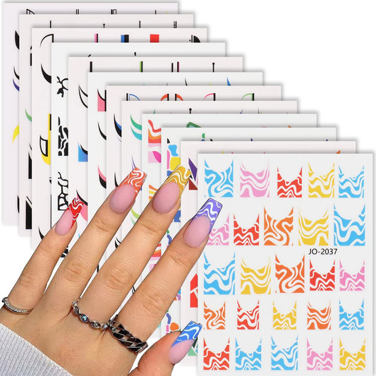 12 Sheets French Nail Stickers for Nail Art Colorful French Tip 3D Self-Adhesive Nail Sticker Decals Rainbow Geometric with Designs for Nail Art Decoration Acrylic Nail Supplies