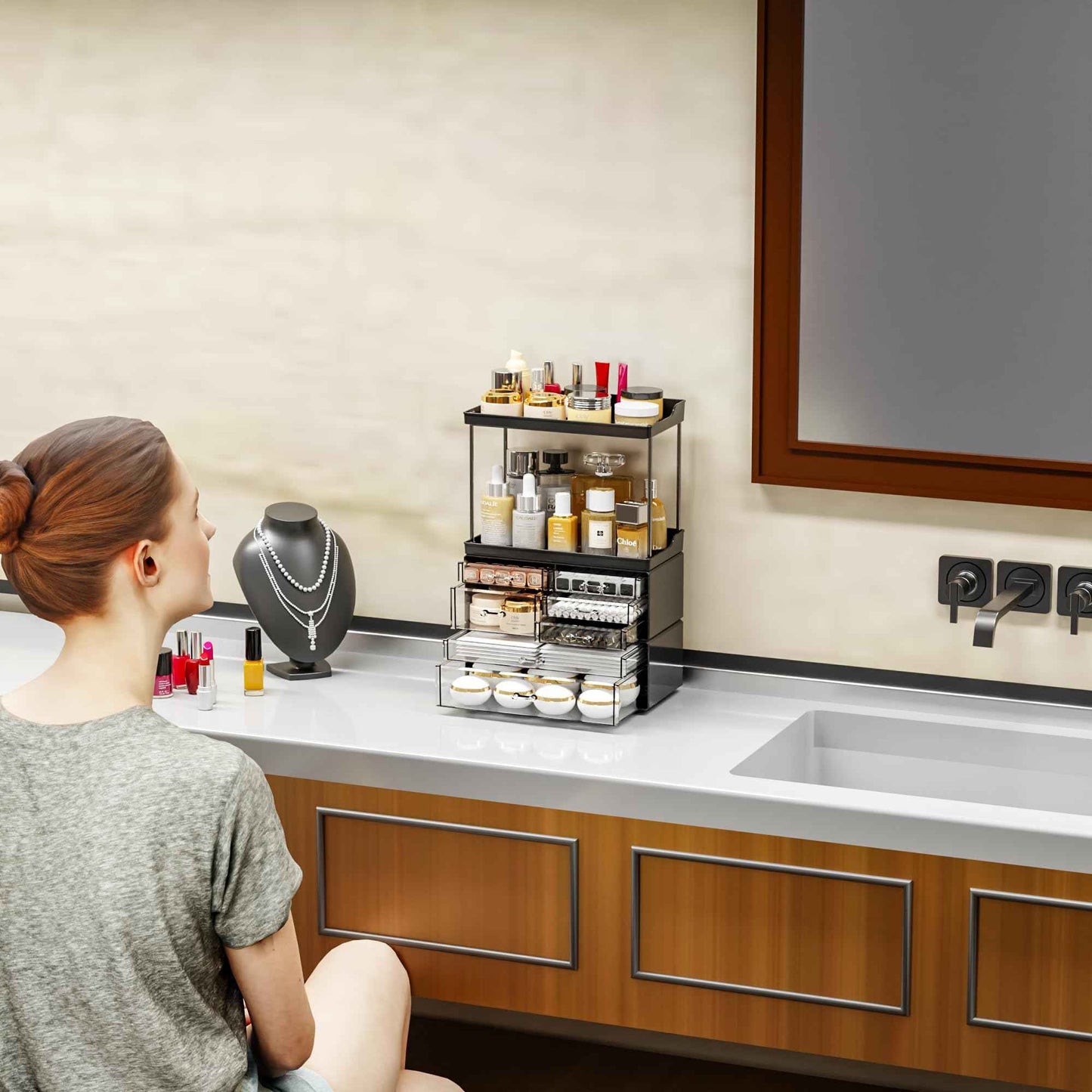 3 Pack Bathroom Organizers and Storage Countertop With 7 Drawers,Stackable Vanity Drawer Organizer for Makeup,18.9" Tall Large Capacity Skincare Organizer and Exquisite Makeup Organizer,Black