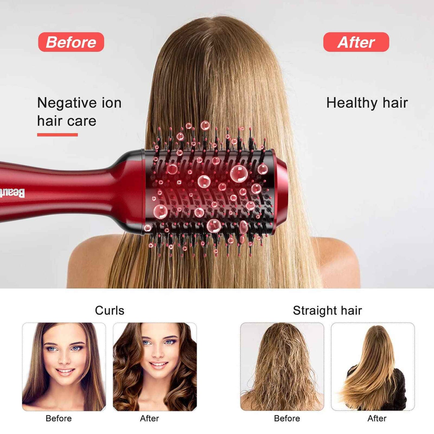 Beautimeter Blow Dryer Brush, Hot Air Brush One Step Hair Dryer and Styler Volumizer, 4 in 1 Negative Ionic Hair Styler with Oval Barrel for Smooth, Frizz-Free Hair Types, Red & Black