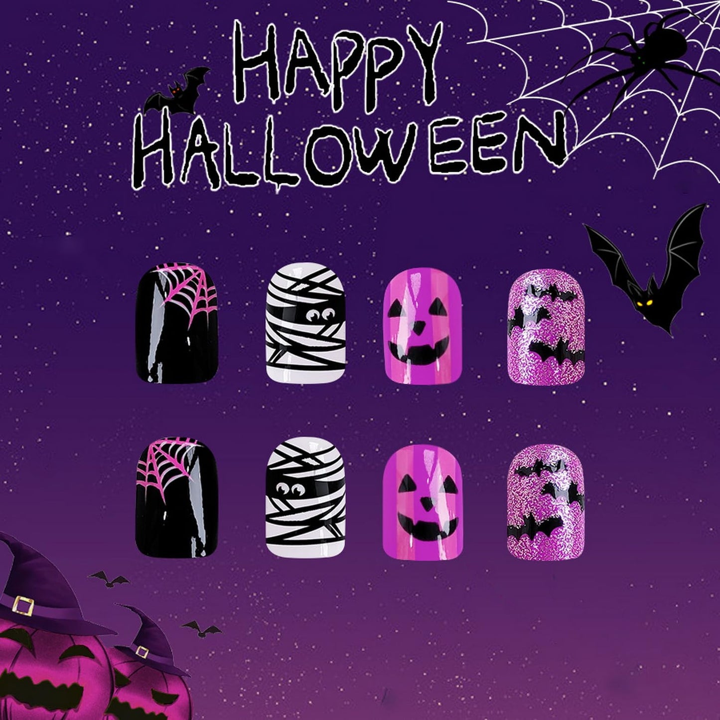 Halloween Press on Nails Short Square Mummy Fake Nails Purple Full Cover Pumpkin Monster False Nails with Designs Glitter Glossy Glue on Nails Cute Acrylic Nails Artificial Nails for Women Girls