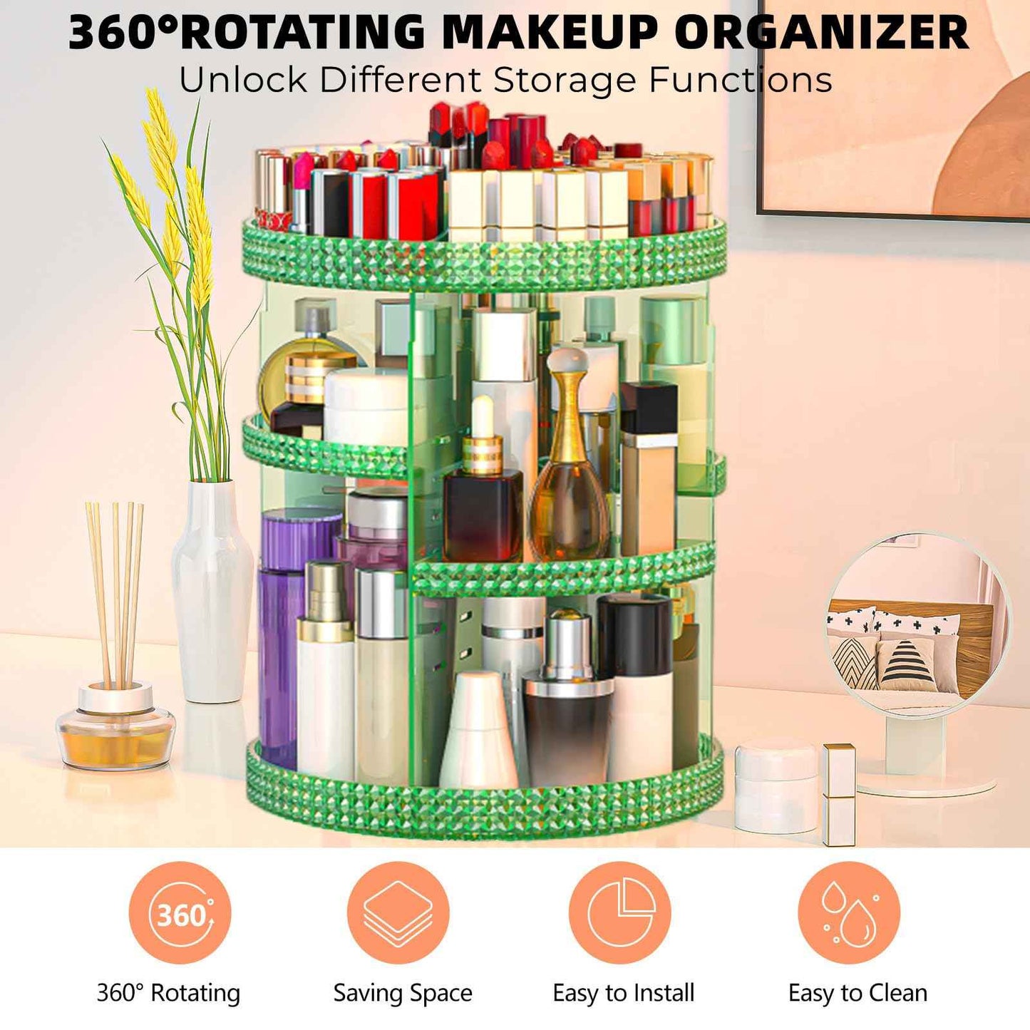 HEMTROY 360 Degree Rotating Makeup Organizer, Extra Large Capacity Organizador De Maquillaje, Removable DIY 7 Layers Cosmetics Organizer, Acrylic Perfume Organizer for Vanity Countertop (Green)