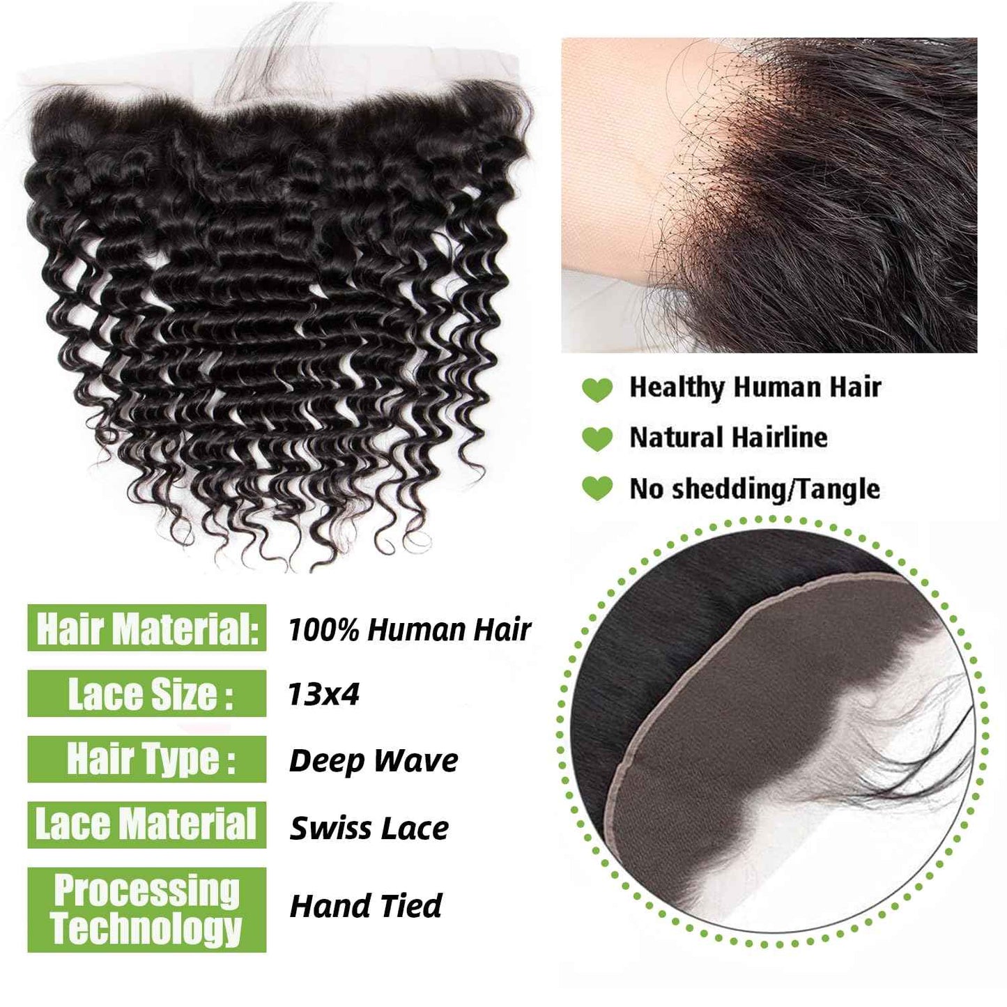 13x4 Lace Frontal Closure Ear to Ear Full Lace Frontal Closure Brazilian Deep Wave Human Hair Frontal Free Part Pre Plucked With Baby Hair 150 Density Natural Black 16 Inch