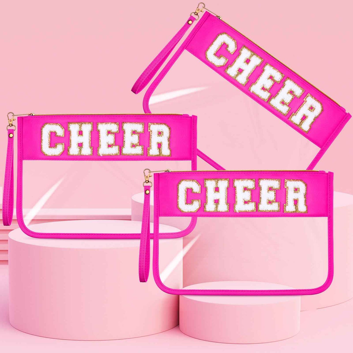 Kacctyen 6 Pcs Cheer Bags Chenille Letter Makeup Bag Cheer Gifts for Stuff Cheerleader, Rose Red Clear Zipper Pouch Cosmetic Toiletry Pouch with Handle for Women Girls Gym Beach Travel(Rose Red,Cheer)