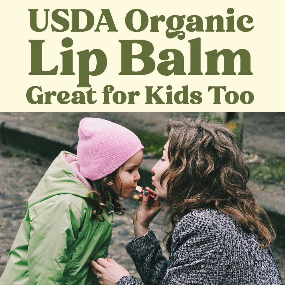 USDA Organic Lip Balm 4-Pack by Earth's Daughter - Cherry Flavor, Beeswax, Coconut Oil, Vitamin E - Best Lip Repair Chapstick for Dry Cracked Lips.