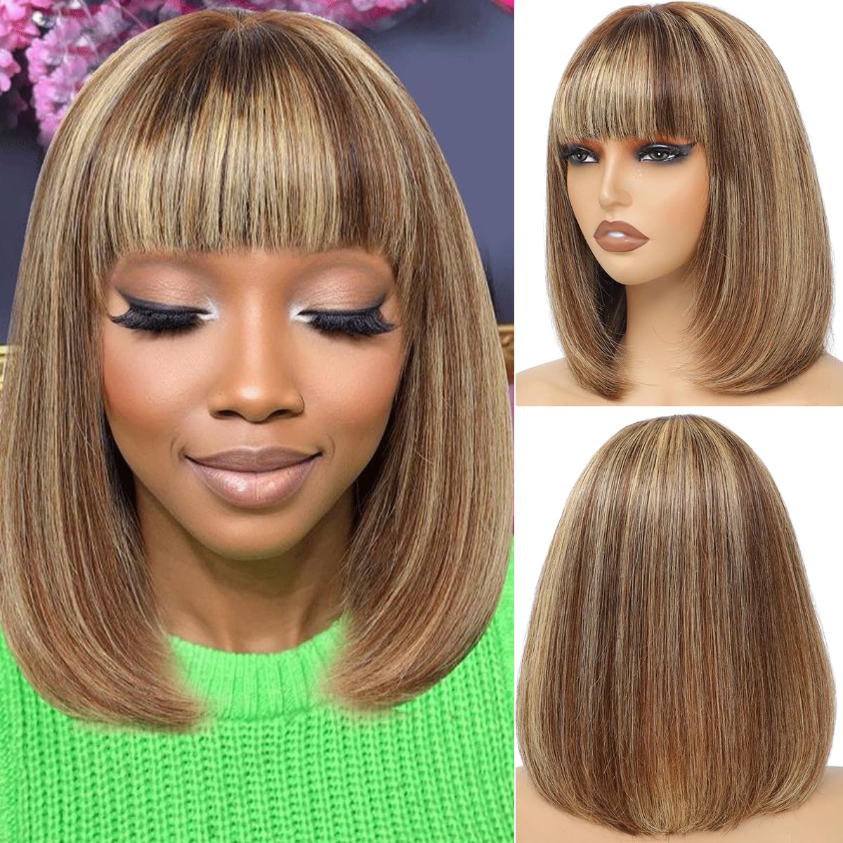 Bob Wig with Bangs Human Hair P4/27 Straight Wig Human Hair Short Human Hair Glueless Wear Wig Ombre Blonde Highlight Short Bob Wigs for Black Women 2.5X1 inch Bob Wig Human Hair 10Inch Short Bob