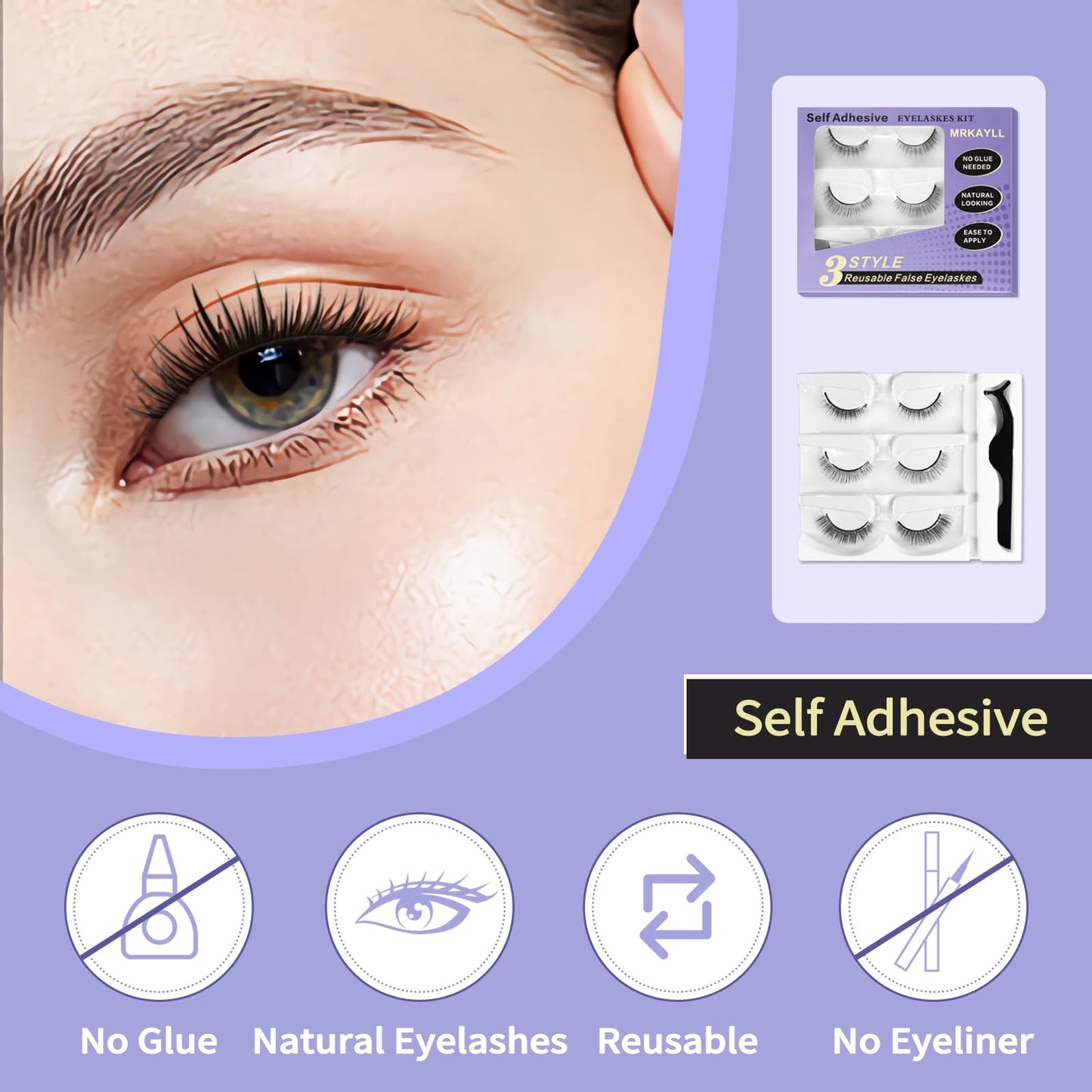 6Pcs Self adhesive eyelashes,False Eyelashes Natural Look,reusable adhesive eyelashes,reusable self adhesive eyelashes-Waterproof wispy lashes with Tweezers - No Glue Needed! Gift for Beginners!