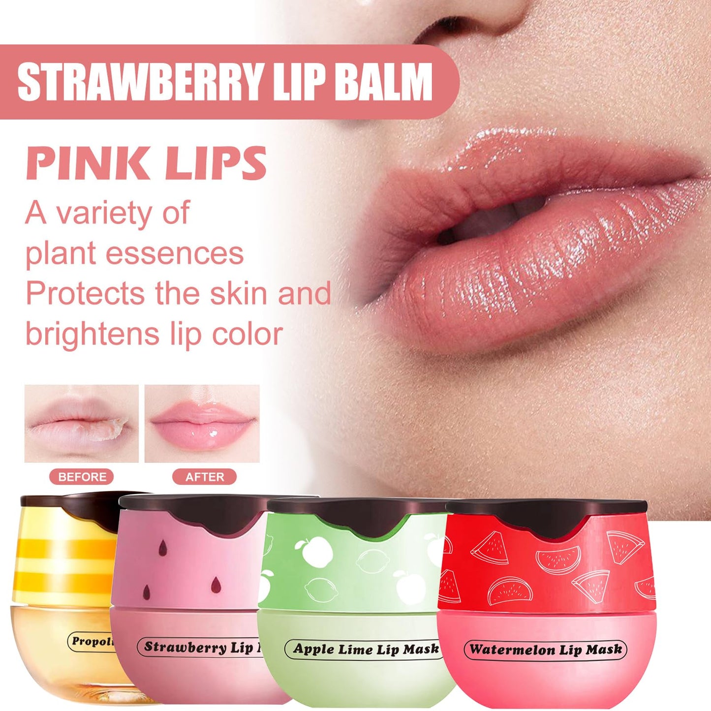 Honey Lip Balm Pot, 3 Pcs Strawberry & Apple & Watermelon Lip Mask Propolis Lip Mask Moisturizing Hydrating Prevention Dry and Cracked Lip Scrubs Exfoliator