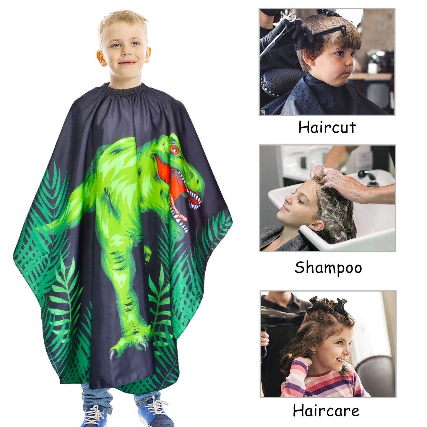 PAMAID Kids Haircut Cape Waterproof Barber Cape Cover, Dinosaur Hair Cutting Cape for Boys with Adjustable Snap Closure (Dinosaur)